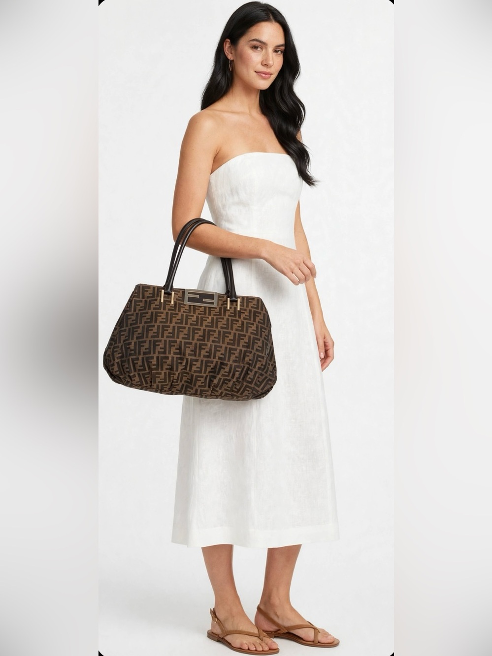 Fendi Brown Zucca Pattern Shoulder Bag with Logo Plaque